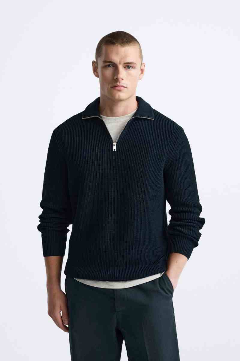 Blue All-match Loose Half Zipper Knitted Comfortable Sweater