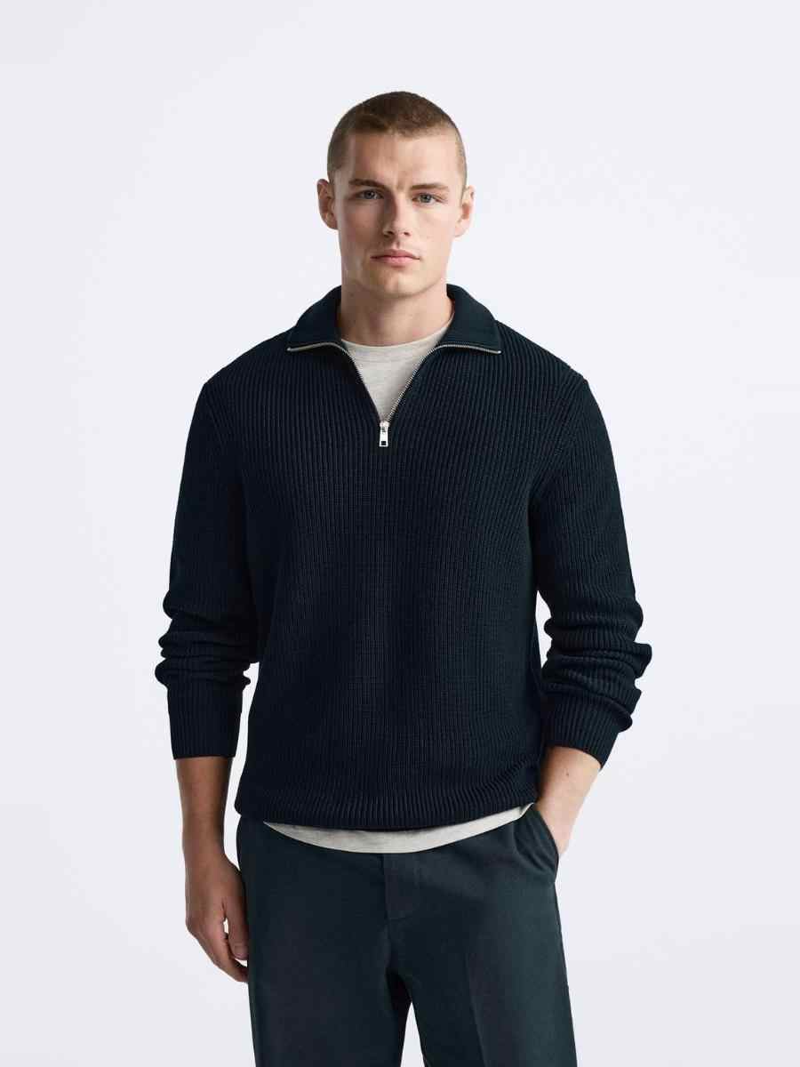 Blue All-match Loose Half Zipper Knitted Comfortable Sweater