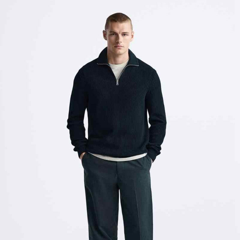 Blue All-match Loose Half Zipper Knitted Comfortable Sweater